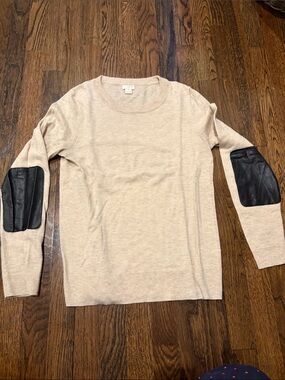J.Crew Beige Crewneck Sweater with Black Elbow Patches